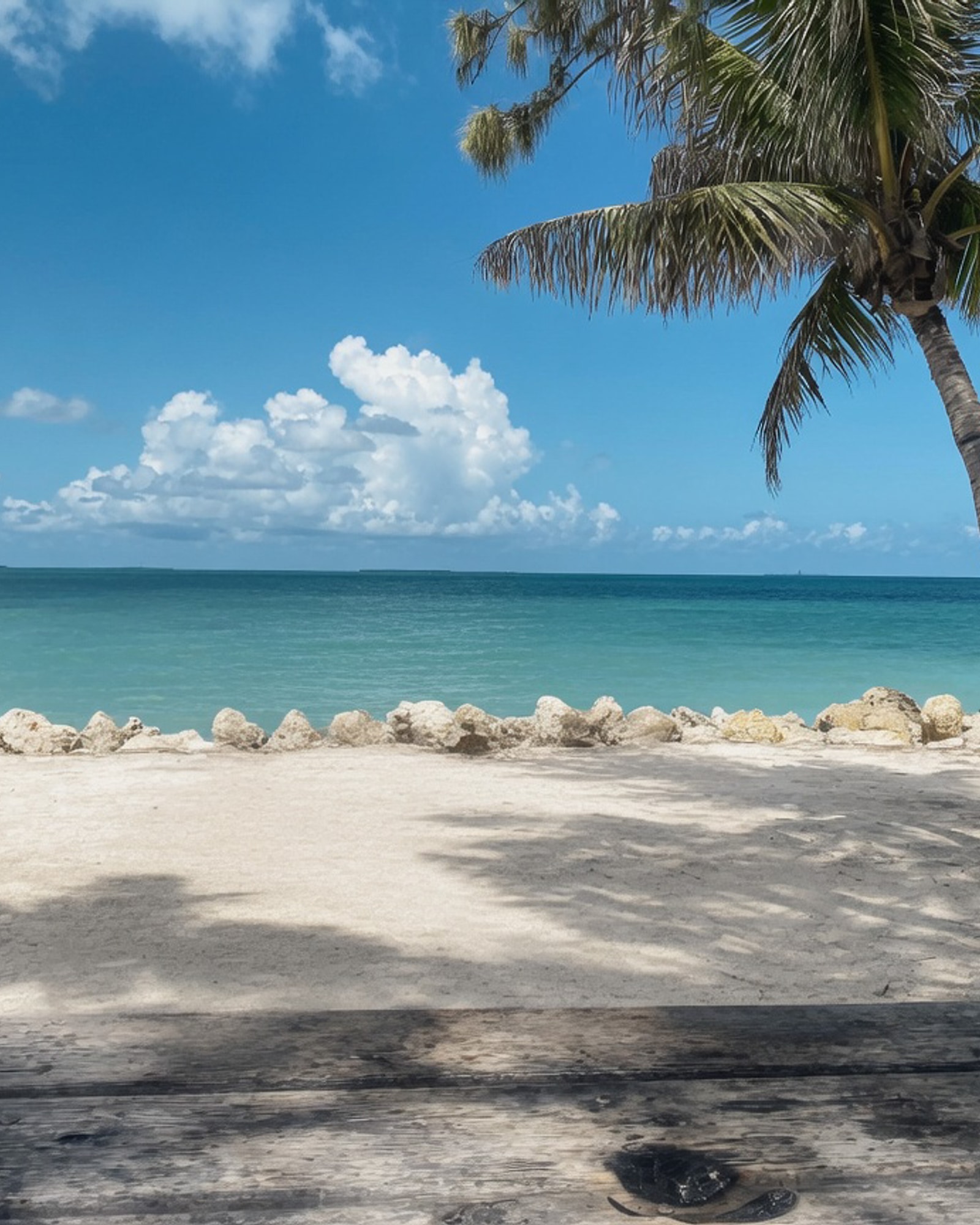 Empty wooden beach bench overlooking calm turquoise water, white sand, and palm trees under a bright blue sky
