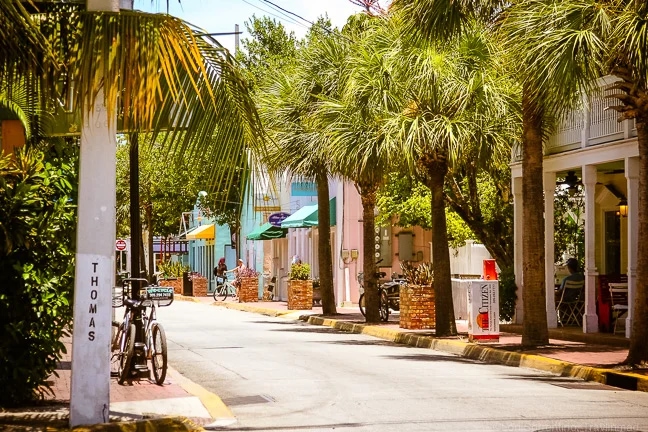 Colorful Duval Street in Key West with palm trees, pastel storefronts, bicycles, and bright tropical sunshine